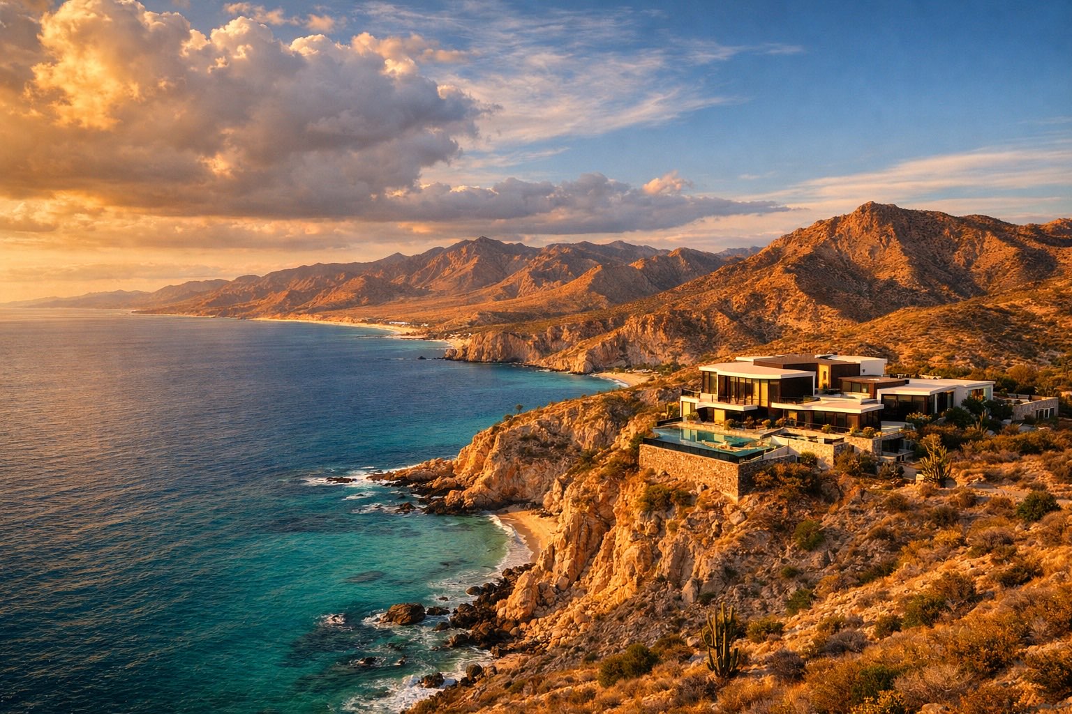 Baja California Sur coastline at golden hour — luxury villa on clifftop overlooking turquoise Sea of Cortez